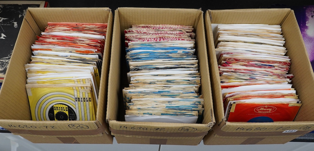 Three boxes of 7” singles on labels including; Oriole, Polydor, Liberty, Piccadilly, Mercury, etc. artists including; The Who, James Brown, the Crickets, Eddie Cochran, The Platters, Big Bopper, Sarah Vaughan, Johnny Pre